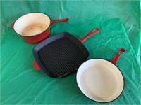 3 ENAMEL COATED /  CAST IRON FRYING PANS