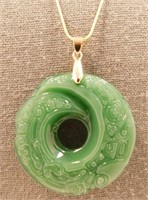 New Carved Green Jade Pendant with 20" Chain &