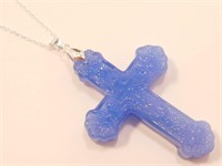 New Carved Blue Jade Cross Pendant with 20" Chain