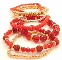 Set of Seven New Red & Gold Beaded Stretchy