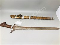 24" sword & wood scabbard  w/ iron accent