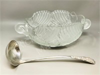 Frosted glass swan bowl & S.P ladle