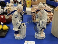 TWO TALL BLUE AN WHITE ASIAN FIGURES
