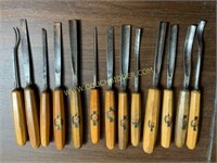 Wooden handle leather tooling set Chisels etc