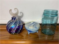 Swirl slag glass powder dish and perfume bottle