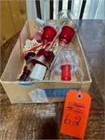 Box Lot with Ruby Red Candleholders, Vases