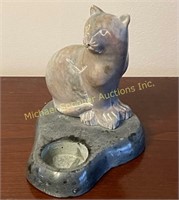 CARVED STONE CAT CANDLE HOLDER