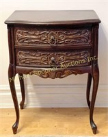 MAHOGANY BOW FRONT TWO CARVED DRAWER NIGHTSTAND
