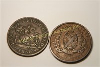 TWO CANADA HALF PENNY BANK TOKENS 1837 AND 1850