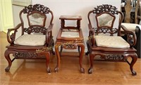 TWO CHINESE CARVED MAHOGANY CHAIRS + TABLE