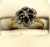 18K GOLD ENGLISH RUBY AND DIAMOND FLOWER RING