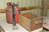 Fuel Can, Bottle Capper, and Wooden Box