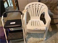3 Plastic Chairs, Step Stool, & 2 Steps