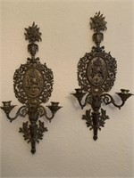 2 BRASS ANTIQUE WALL CANDLE SCONCES 25" TALL
