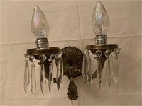 ANTIQUE BRASS-CRYSTAL WALL SCONCE WORKS