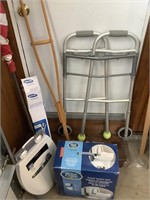 Walker, crutch, new toilet seat, grab bar, toilet