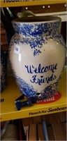Crock water jug w spigot
Blue spongeware,