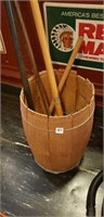 Vintage wood nail keg PLUS
Two straw brooms and