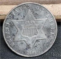 1861 Three Cent Silver, EF40