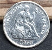 1869 Seated Liberty Half Dime, AU