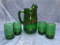 Vintage green glass juice pitcher & 4 glasses
