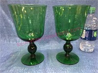Pair green glass stemmed vases - 8in tall