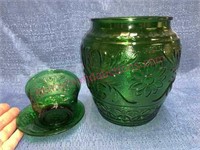 Green depression sandwich glass jar -cup/saucer