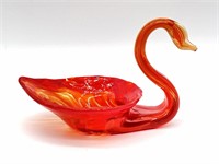 Red Art Glass Swan Dish 5.5” x 3.75”