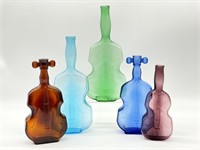 (5) Violin Shaped Colored Glass Bottles 10" and