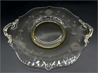 Yellow Glass Floral Etched Handled Plate 13”