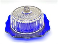 Miniature Blue and Clear Glass Round Butter Dish