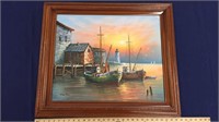 Fishing Boats & Lighthouse Canvas Oil Painting by