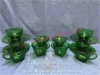 Green depression creamer/sugar & cups/saucers