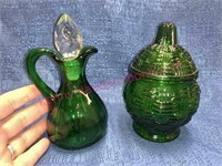 Green depression glass cruet & jelly jar w/ lid