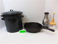 Enamelware canning pot and 10" cast iron pan
