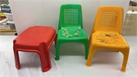 Two plastic kids chairs and a red step stool