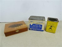 Two Old Tins and Wooden Box