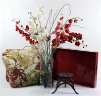 Floral Glass Bouquet on Metal Stand, Pillows,Tray