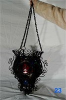 Hanging Iron & Stained Glass Lantern