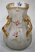 Art glass 4 handle vase, floral 8 1/4"