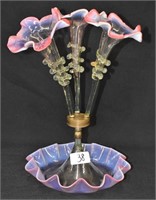 3 stem epergne, pink opalescent flowers