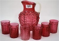Consolidated Cranberry water pitcher, 6 tumblers
