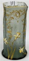 Art glass enamel decorated floral vase 10 1/2"