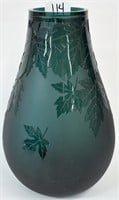 14" Ken Benson LS teal green cameo leaf vase