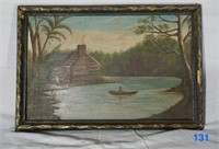 20" x 13.5"Painting of Canoe/Cabin