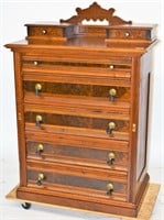 Burl walnut lockside dresser, built in desk drawer