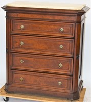 Burl walnut marble top lockside chest, 4 drawer