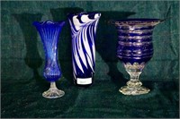 3 Blue Glass Vases