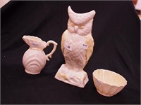 Three pieces of Belleek china: 8" owl vase