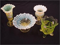 Four opalescent vaseline glass items, all with
